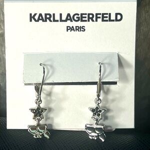 LOW START Karl Lagerfeld crystal logo double drop earrings in silver tone.